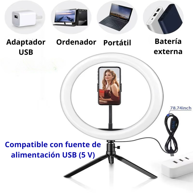 Luz LED aro selfie con mini trípode